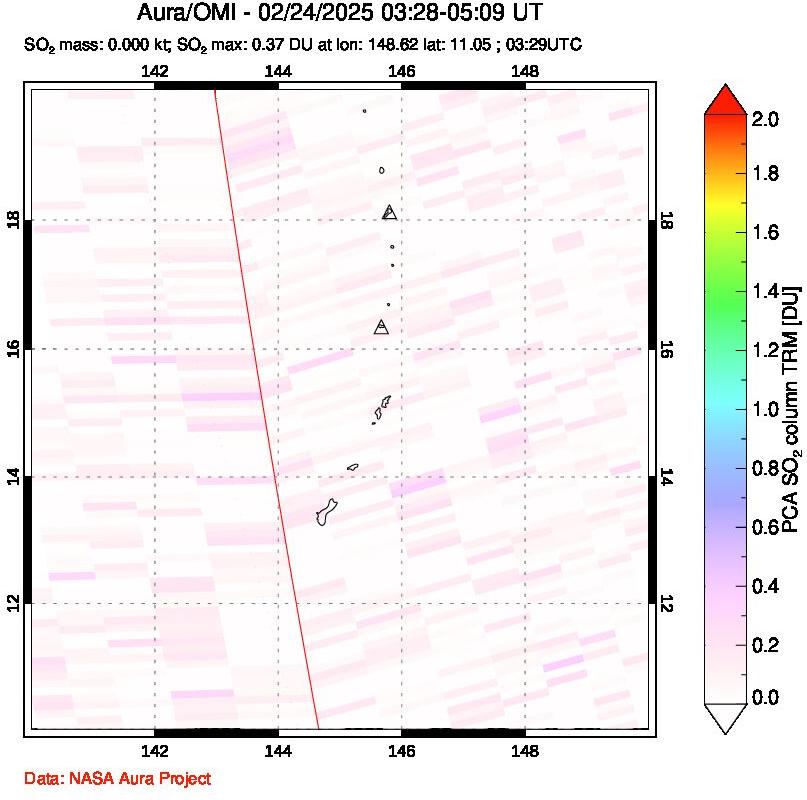 A sulfur dioxide image over Anatahan, Mariana Islands on Feb 24, 2025.