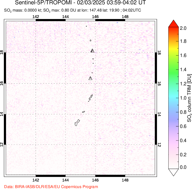 A sulfur dioxide image over Anatahan, Mariana Islands on Feb 03, 2025.