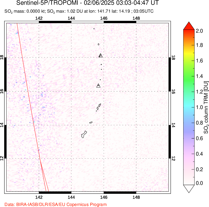 A sulfur dioxide image over Anatahan, Mariana Islands on Feb 06, 2025.