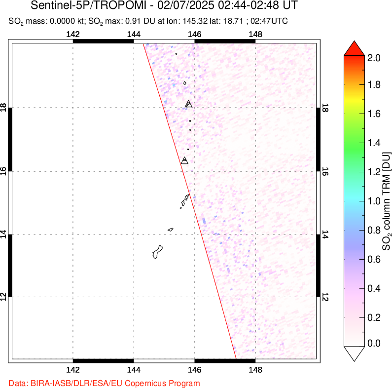 A sulfur dioxide image over Anatahan, Mariana Islands on Feb 07, 2025.