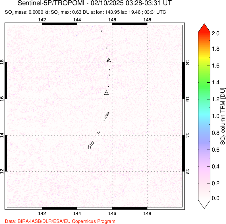 A sulfur dioxide image over Anatahan, Mariana Islands on Feb 10, 2025.