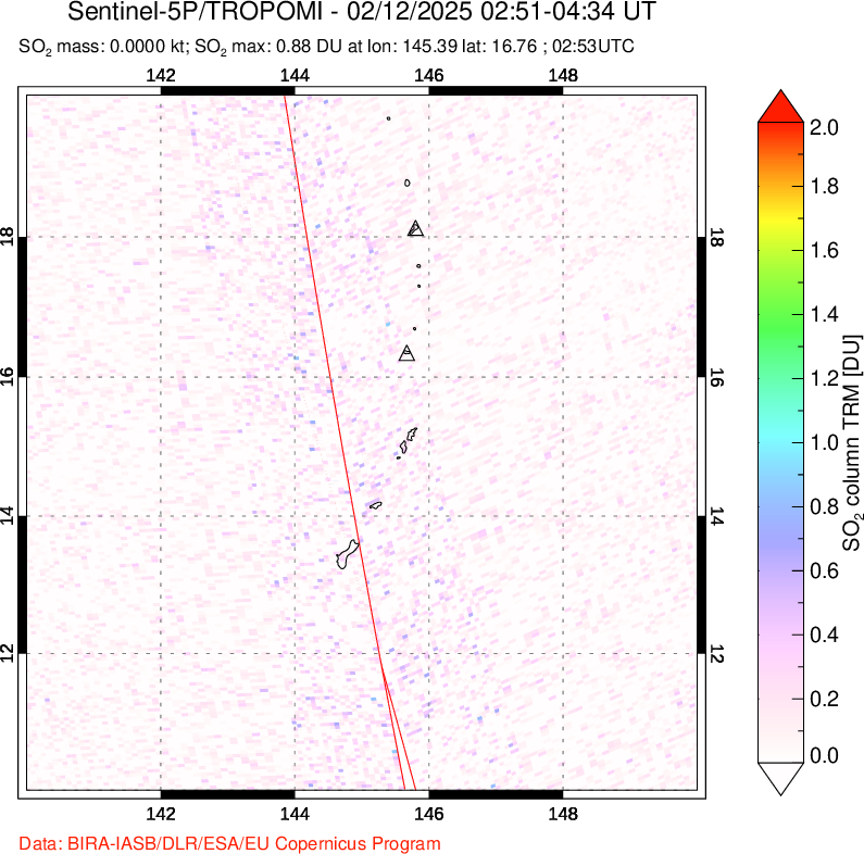 A sulfur dioxide image over Anatahan, Mariana Islands on Feb 12, 2025.