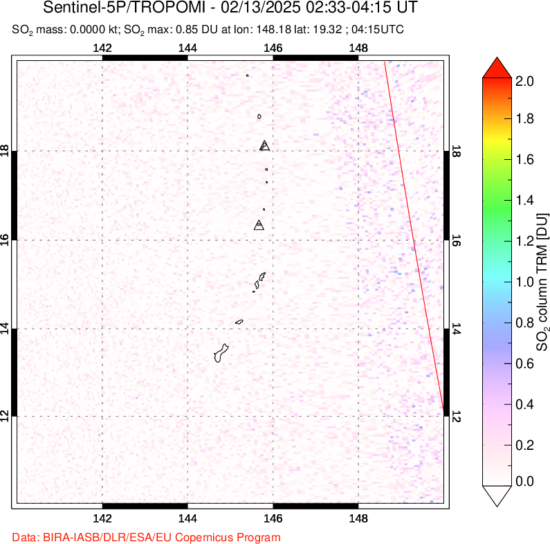 A sulfur dioxide image over Anatahan, Mariana Islands on Feb 13, 2025.