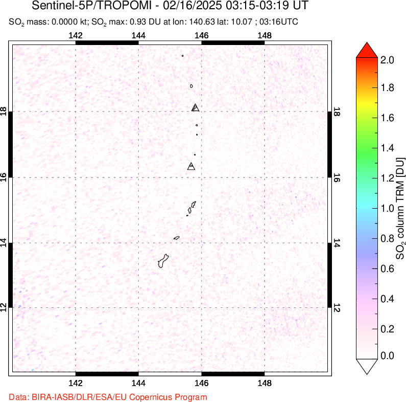 A sulfur dioxide image over Anatahan, Mariana Islands on Feb 16, 2025.