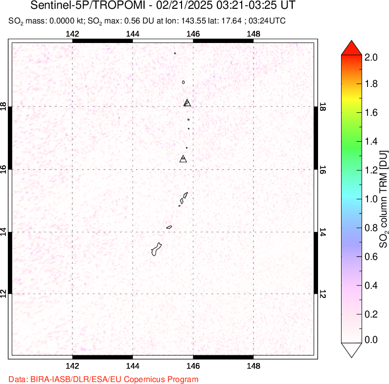 A sulfur dioxide image over Anatahan, Mariana Islands on Feb 21, 2025.