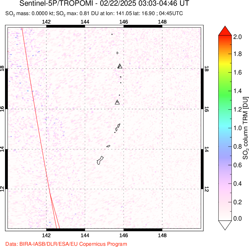 A sulfur dioxide image over Anatahan, Mariana Islands on Feb 22, 2025.