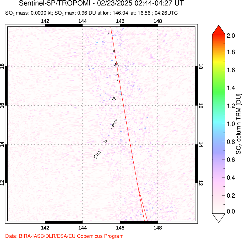 A sulfur dioxide image over Anatahan, Mariana Islands on Feb 23, 2025.