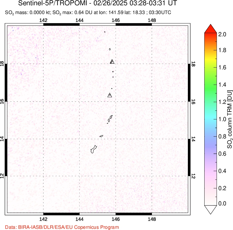 A sulfur dioxide image over Anatahan, Mariana Islands on Feb 26, 2025.