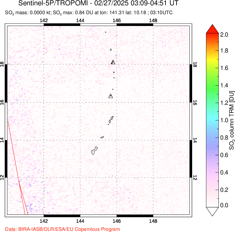 A sulfur dioxide image over Anatahan, Mariana Islands on Feb 27, 2025.