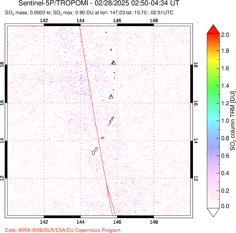 A sulfur dioxide image over Anatahan, Mariana Islands on Feb 28, 2025.