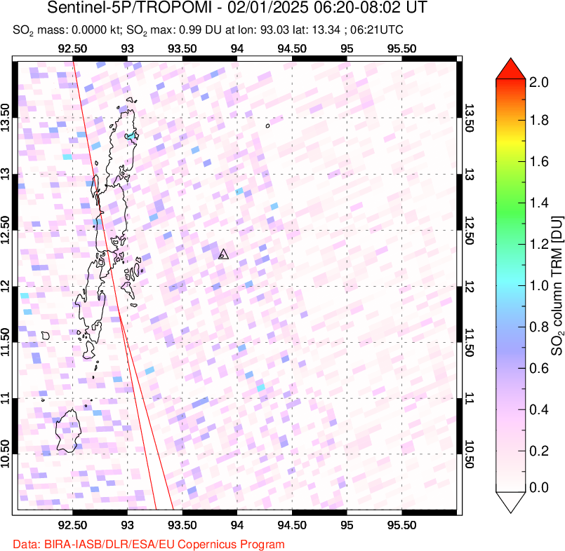 A sulfur dioxide image over Andaman Islands, Indian Ocean on Feb 01, 2025.