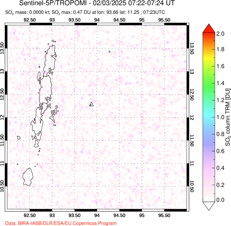 A sulfur dioxide image over Andaman Islands, Indian Ocean on Feb 03, 2025.