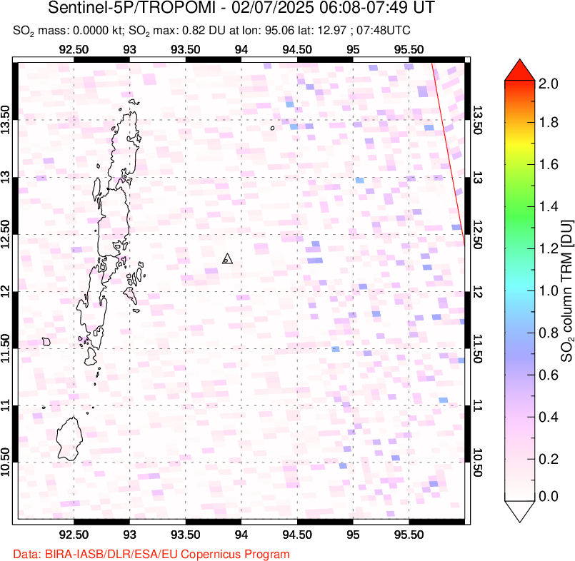 A sulfur dioxide image over Andaman Islands, Indian Ocean on Feb 07, 2025.