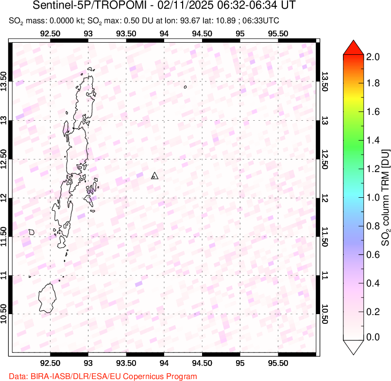 A sulfur dioxide image over Andaman Islands, Indian Ocean on Feb 11, 2025.