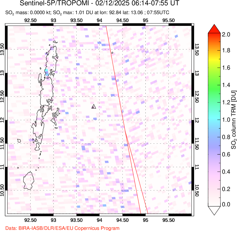 A sulfur dioxide image over Andaman Islands, Indian Ocean on Feb 12, 2025.