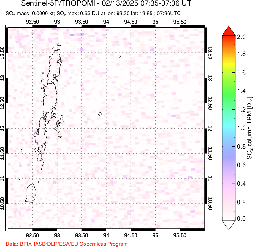 A sulfur dioxide image over Andaman Islands, Indian Ocean on Feb 13, 2025.