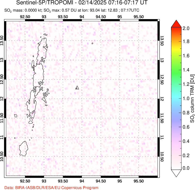 A sulfur dioxide image over Andaman Islands, Indian Ocean on Feb 14, 2025.