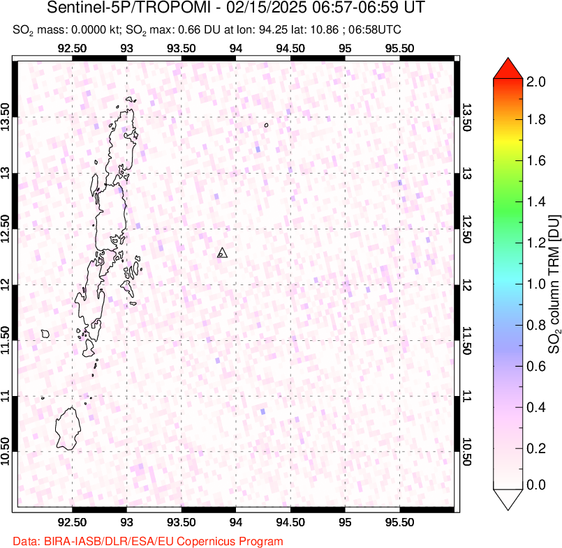 A sulfur dioxide image over Andaman Islands, Indian Ocean on Feb 15, 2025.