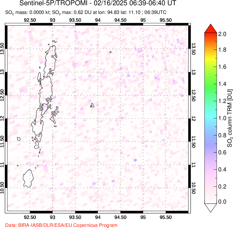 A sulfur dioxide image over Andaman Islands, Indian Ocean on Feb 16, 2025.