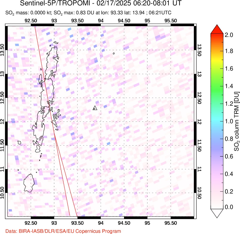 A sulfur dioxide image over Andaman Islands, Indian Ocean on Feb 17, 2025.