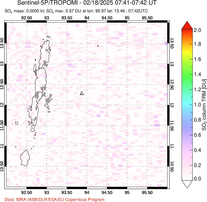 A sulfur dioxide image over Andaman Islands, Indian Ocean on Feb 18, 2025.