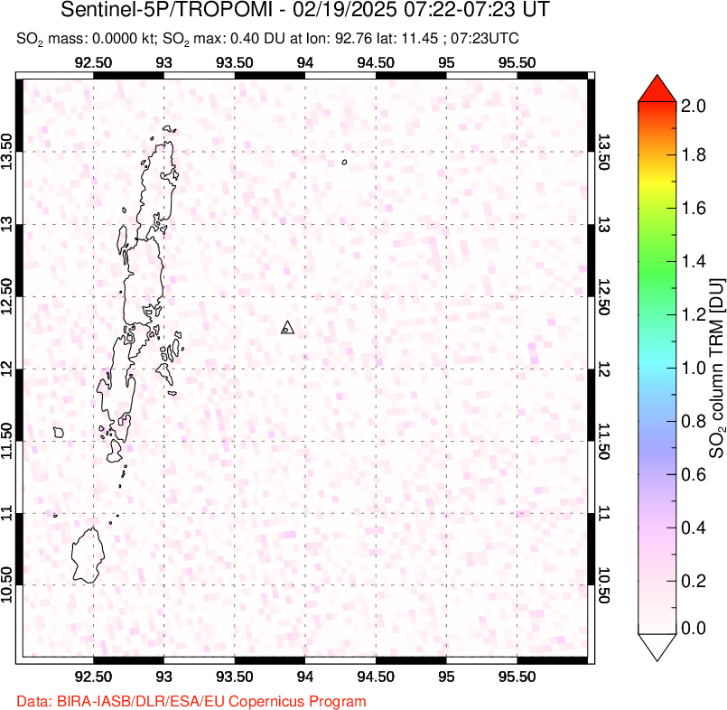 A sulfur dioxide image over Andaman Islands, Indian Ocean on Feb 19, 2025.