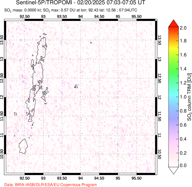 A sulfur dioxide image over Andaman Islands, Indian Ocean on Feb 20, 2025.