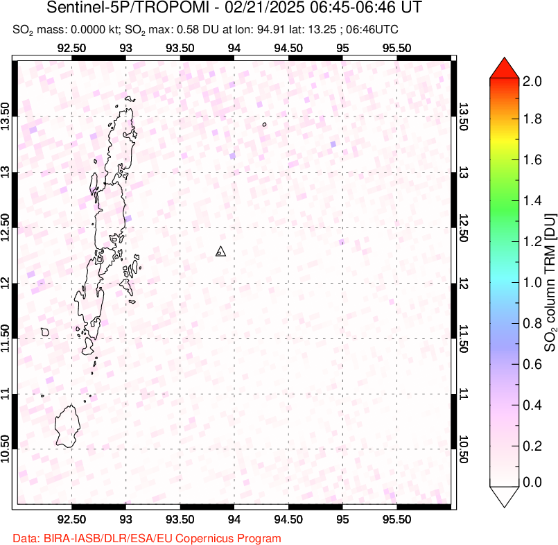 A sulfur dioxide image over Andaman Islands, Indian Ocean on Feb 21, 2025.