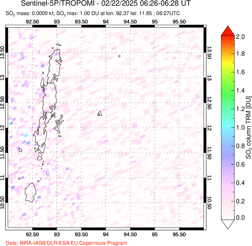 A sulfur dioxide image over Andaman Islands, Indian Ocean on Feb 22, 2025.