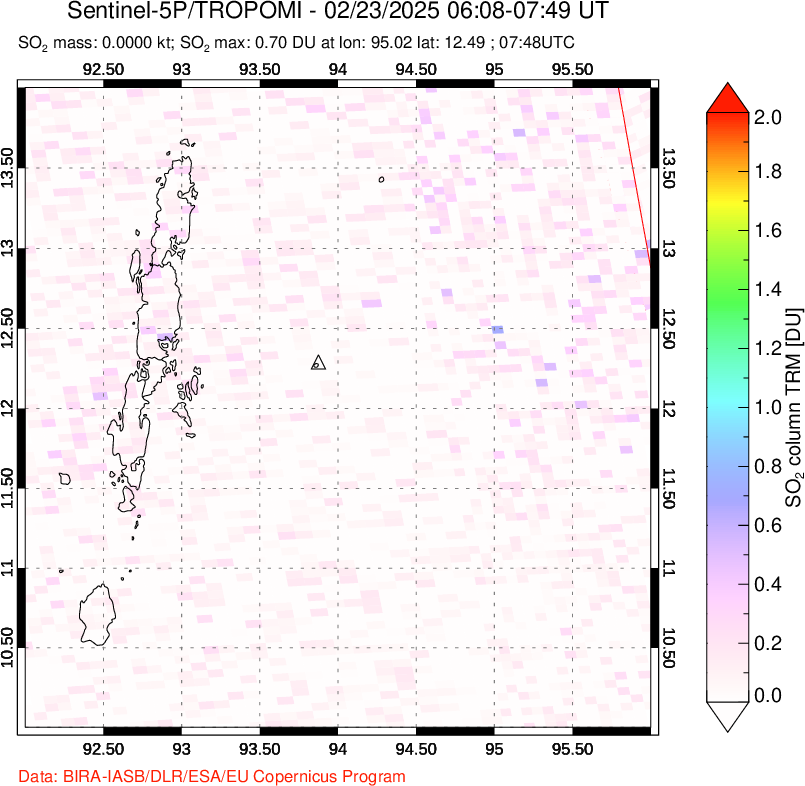 A sulfur dioxide image over Andaman Islands, Indian Ocean on Feb 23, 2025.