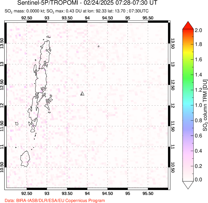 A sulfur dioxide image over Andaman Islands, Indian Ocean on Feb 24, 2025.