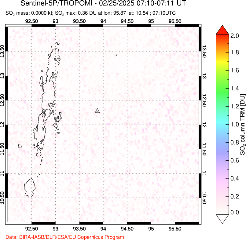 A sulfur dioxide image over Andaman Islands, Indian Ocean on Feb 25, 2025.