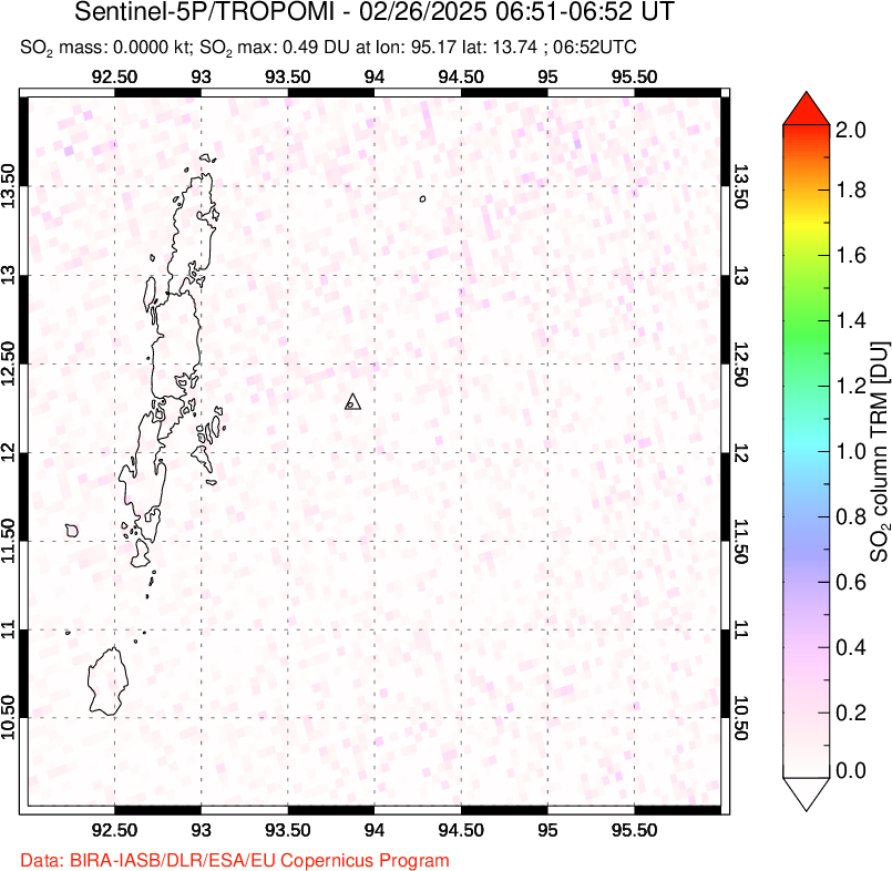 A sulfur dioxide image over Andaman Islands, Indian Ocean on Feb 26, 2025.