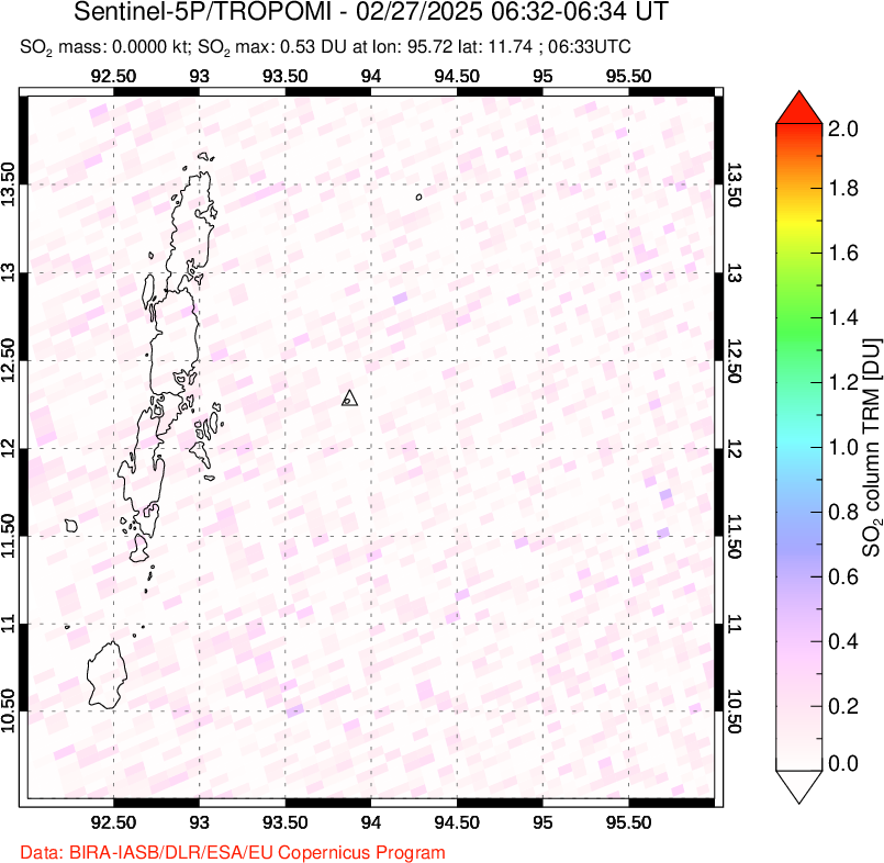 A sulfur dioxide image over Andaman Islands, Indian Ocean on Feb 27, 2025.