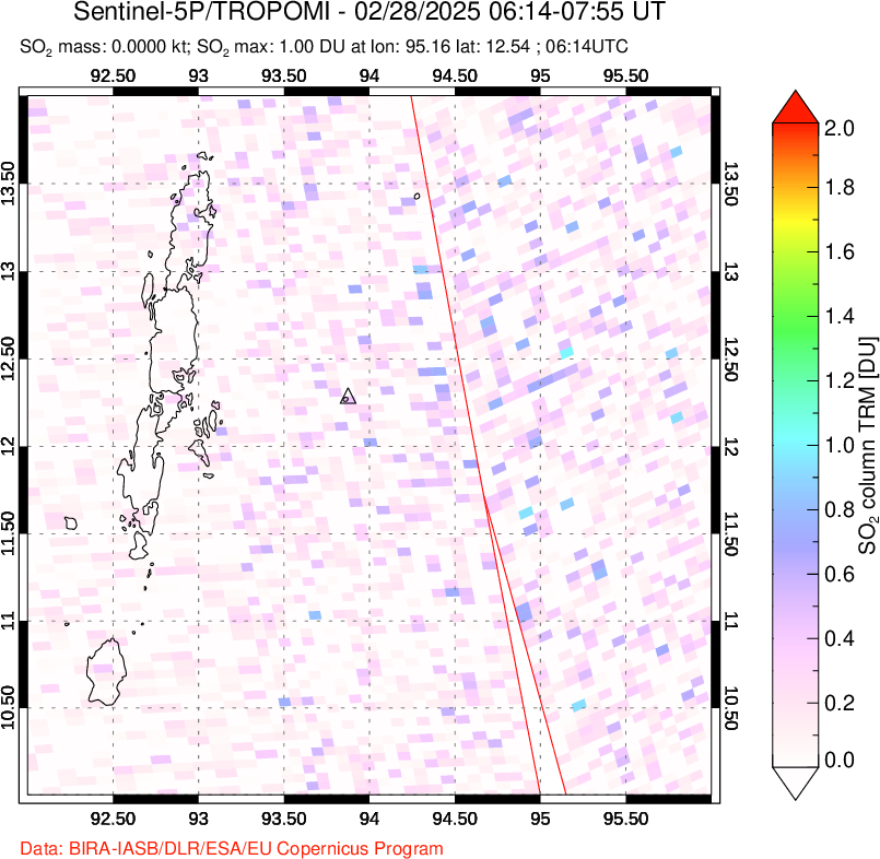 A sulfur dioxide image over Andaman Islands, Indian Ocean on Feb 28, 2025.