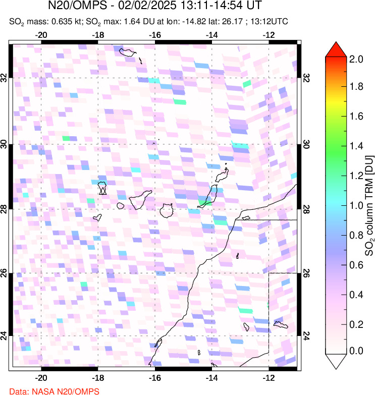 A sulfur dioxide image over Canary Islands on Feb 02, 2025.