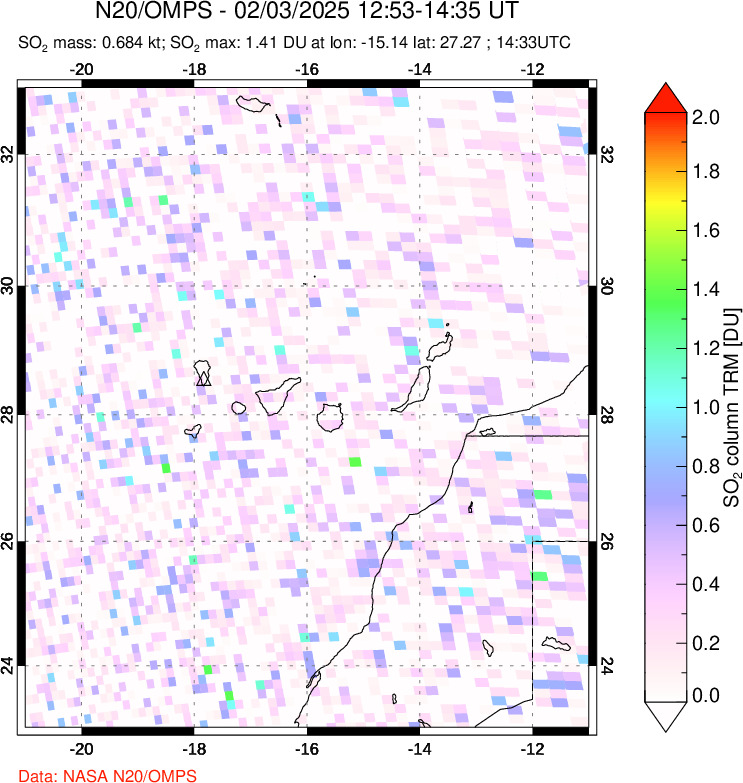 A sulfur dioxide image over Canary Islands on Feb 03, 2025.