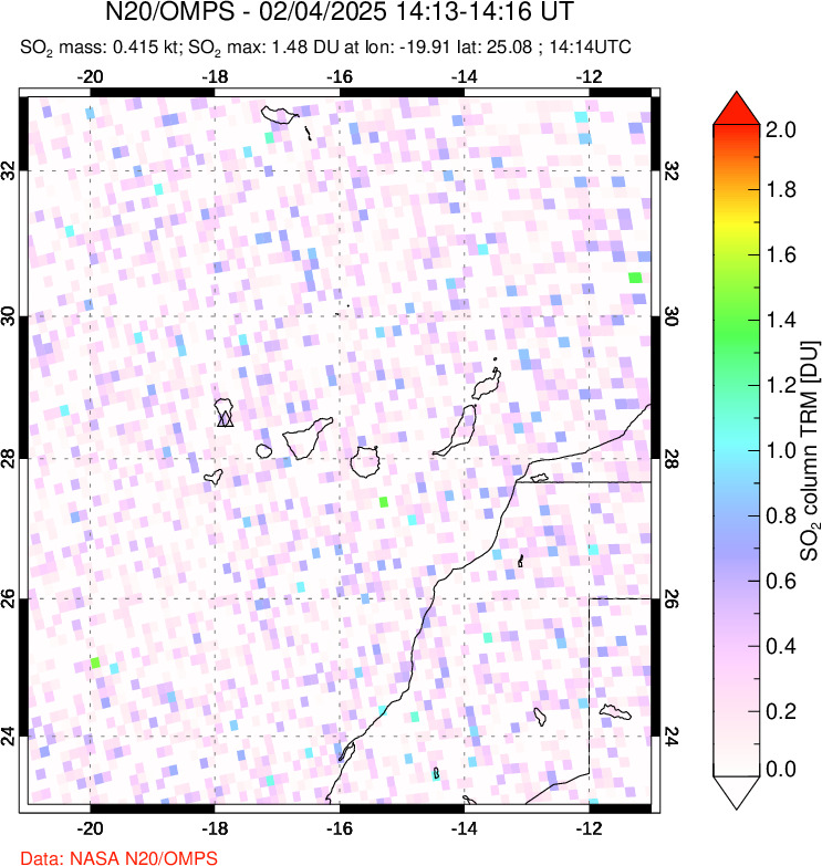 A sulfur dioxide image over Canary Islands on Feb 04, 2025.