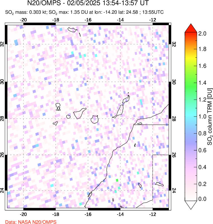 A sulfur dioxide image over Canary Islands on Feb 05, 2025.