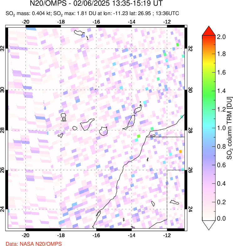 A sulfur dioxide image over Canary Islands on Feb 06, 2025.