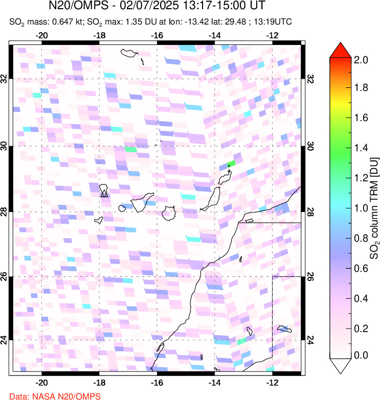 A sulfur dioxide image over Canary Islands on Feb 07, 2025.