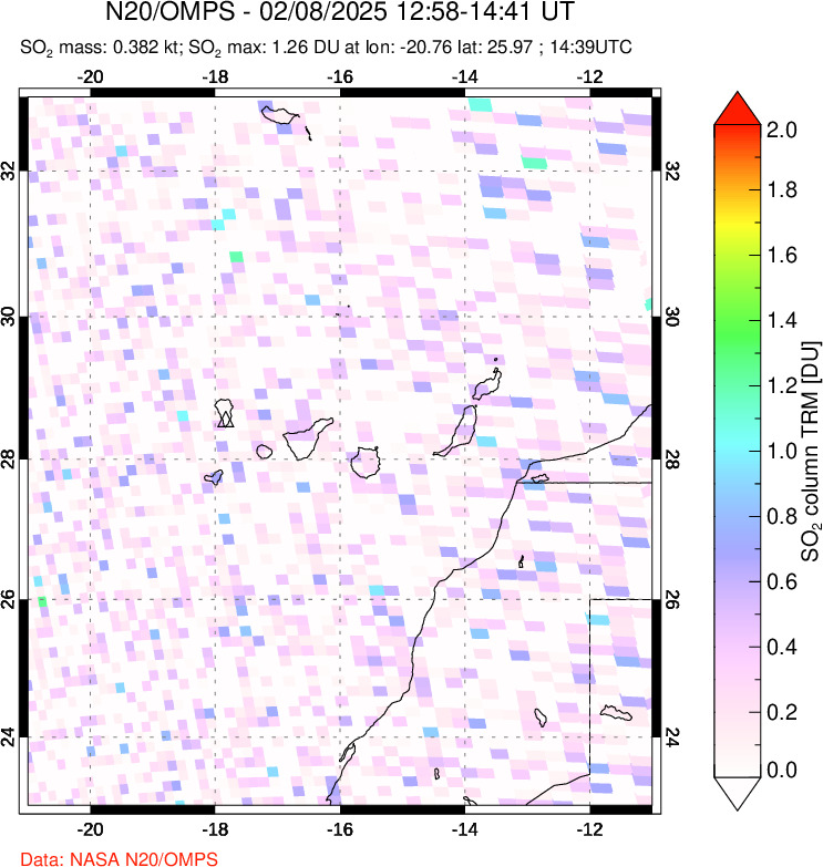 A sulfur dioxide image over Canary Islands on Feb 08, 2025.