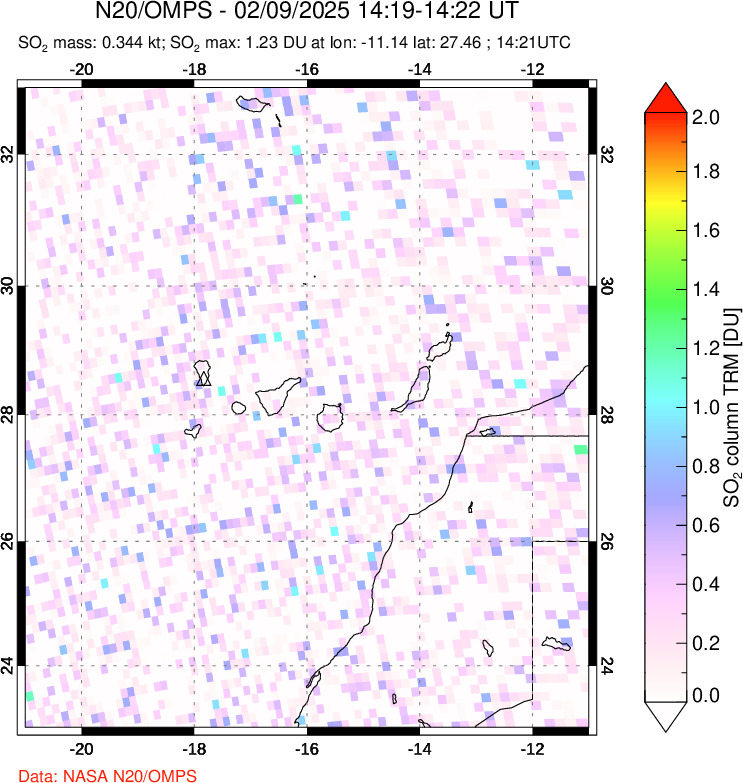 A sulfur dioxide image over Canary Islands on Feb 09, 2025.