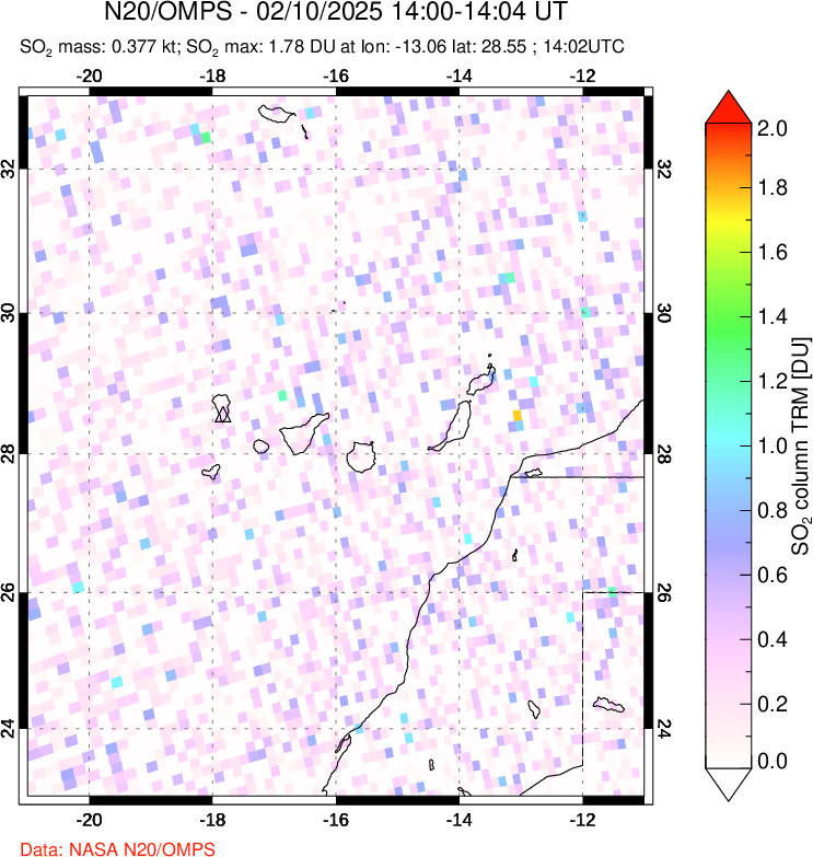 A sulfur dioxide image over Canary Islands on Feb 10, 2025.