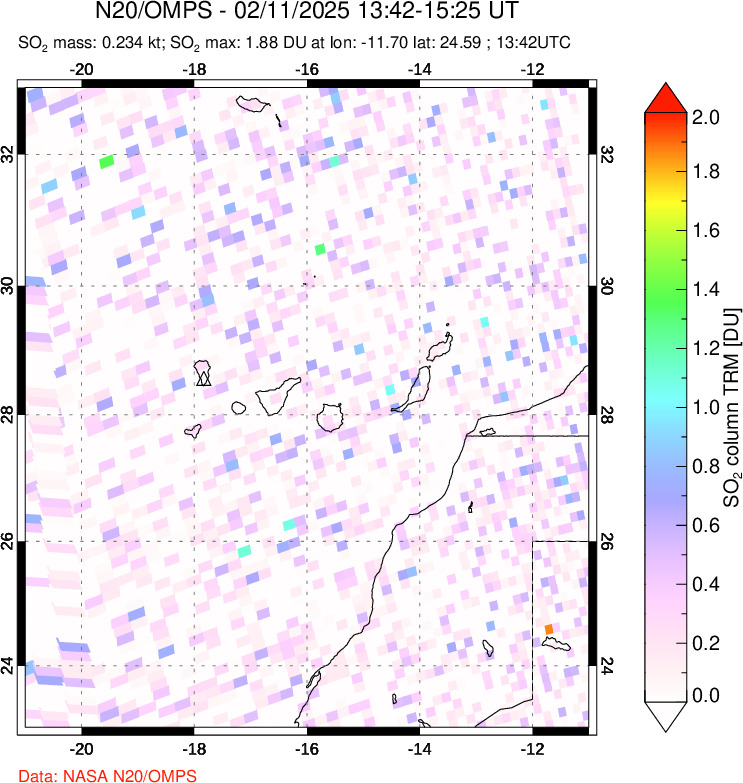 A sulfur dioxide image over Canary Islands on Feb 11, 2025.