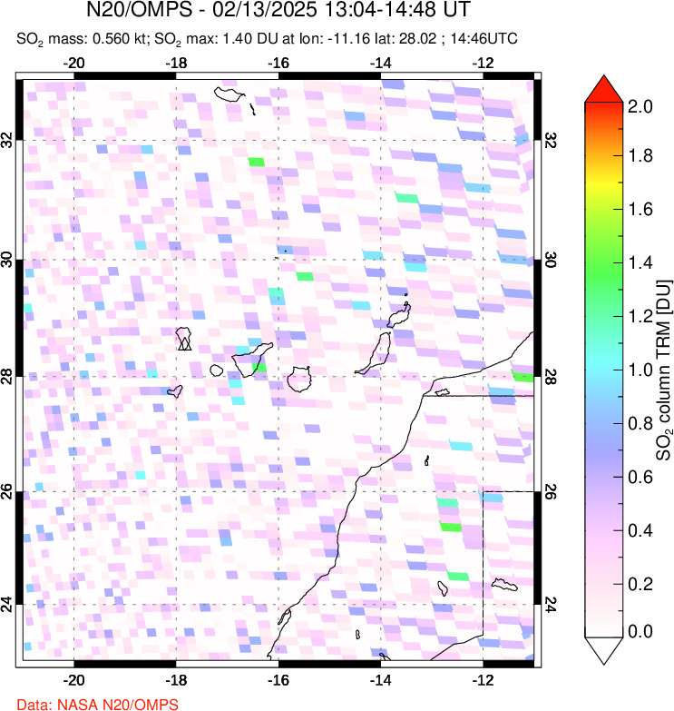 A sulfur dioxide image over Canary Islands on Feb 13, 2025.