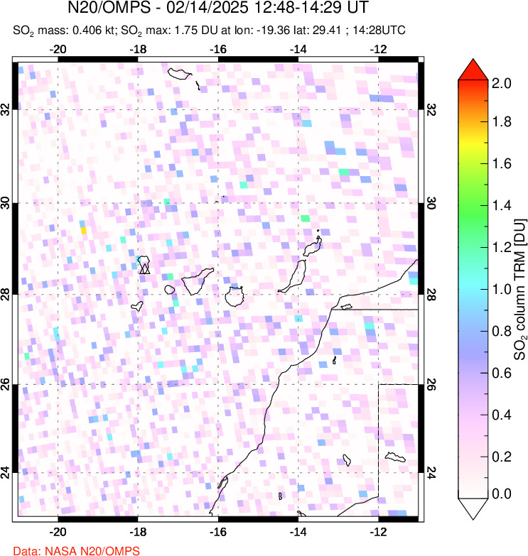 A sulfur dioxide image over Canary Islands on Feb 14, 2025.