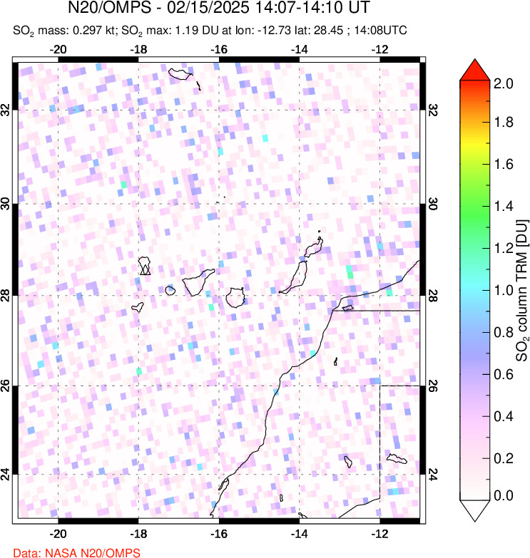 A sulfur dioxide image over Canary Islands on Feb 15, 2025.