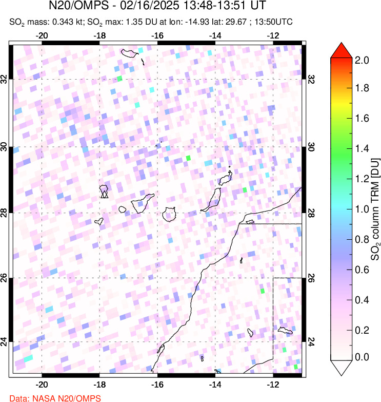 A sulfur dioxide image over Canary Islands on Feb 16, 2025.