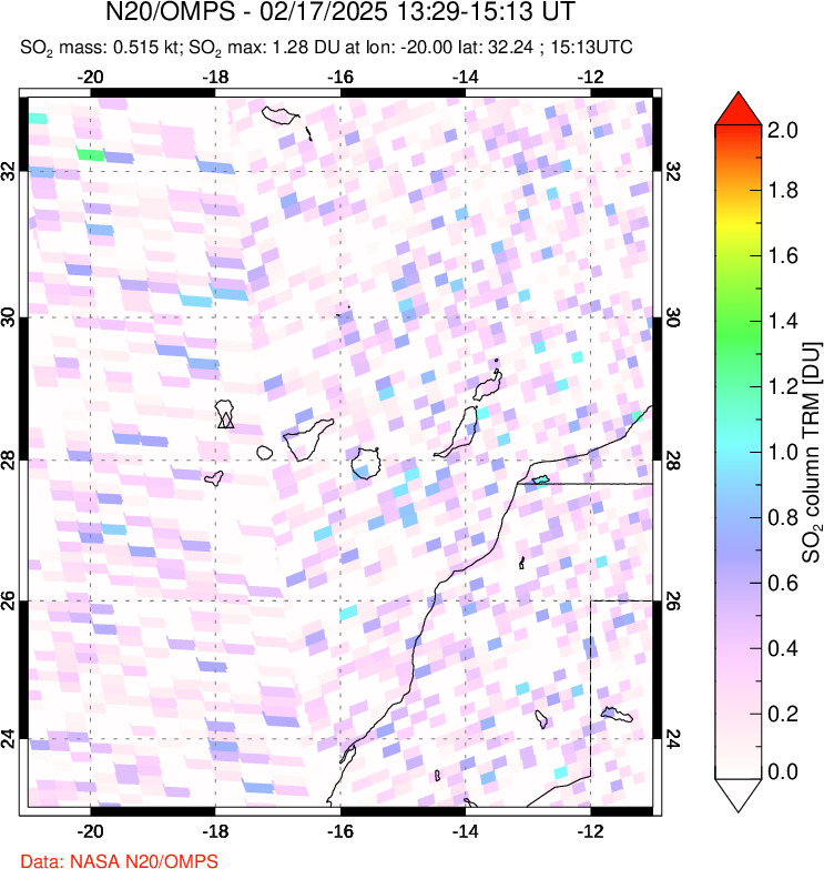 A sulfur dioxide image over Canary Islands on Feb 17, 2025.